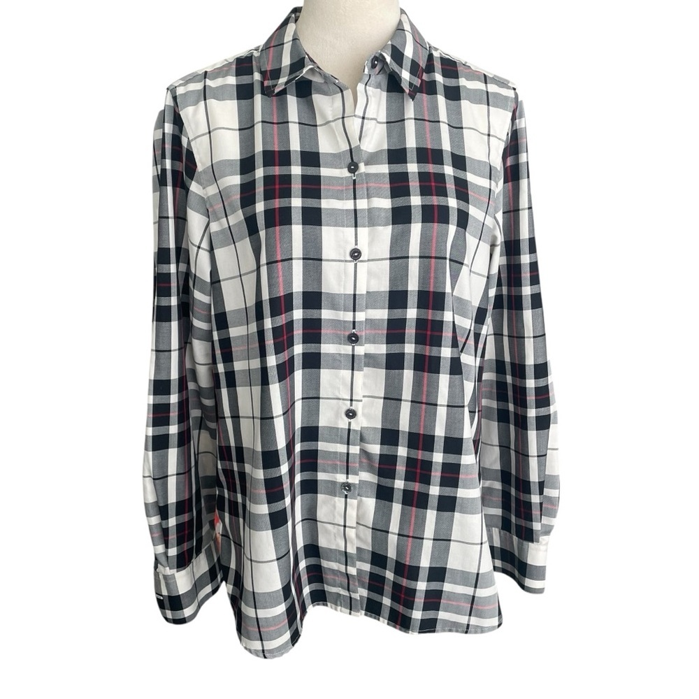 Foxcroft Plaid Top Women Size 12 Wrinkle Free Cotton Blend Button Down Classic‎
